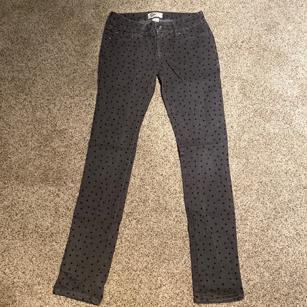 Velvet heart print black skinny jeans, juniors size 3